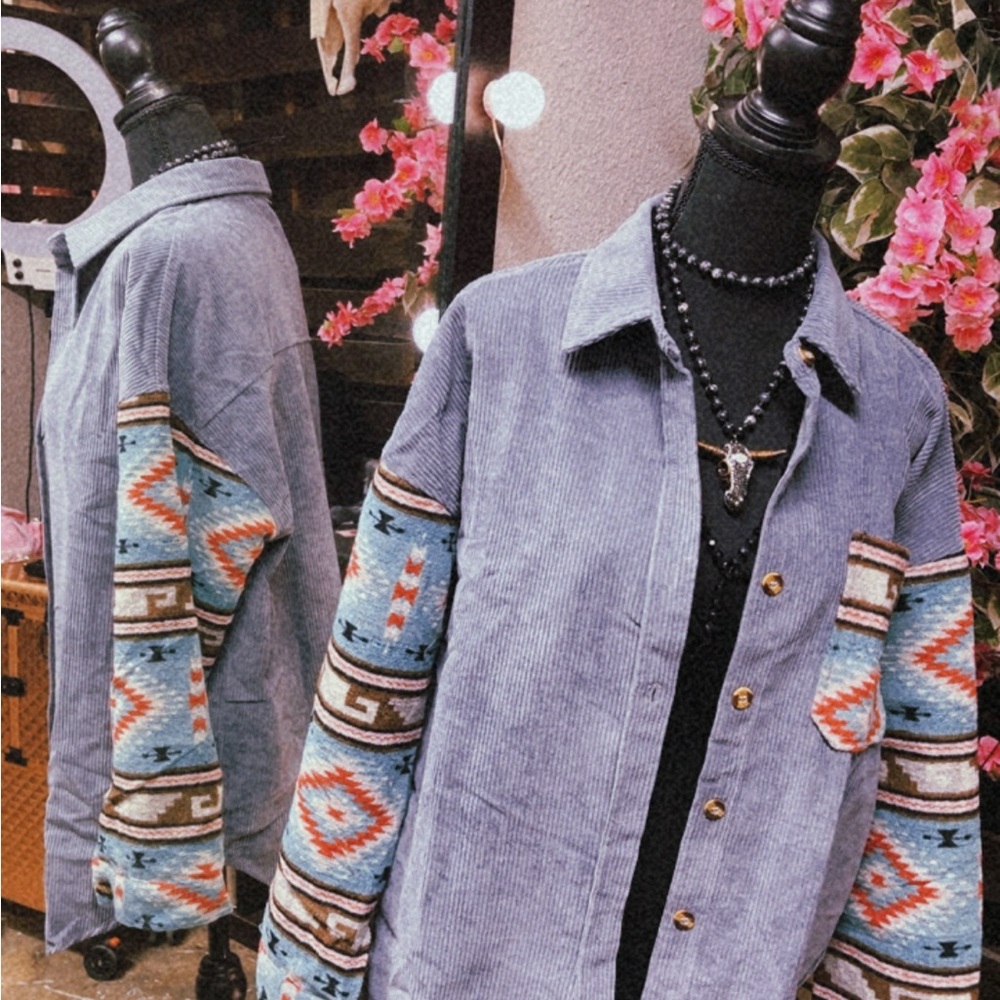 Corduroy Shacket with Aztec Print Sleeves - Light Blue